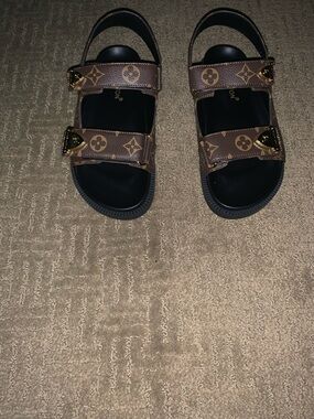 Brown Monogram Dual-Strap Sandals with Gold Accents
